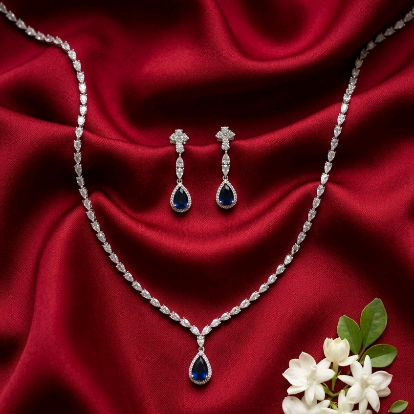 Blue Pear Drop CZ Nacklace Set 